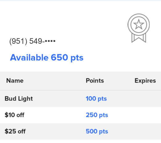 SkyTab register loyalty summary: 650 points available, with rewards Bud Light 100 pts, $10 off 250 pts, $25 off 500 pts