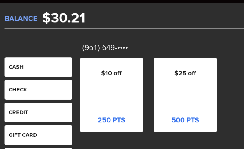 SkyTab tender screen: a $30.21 ticket with $10 off and $25 off rewards available, 550 points